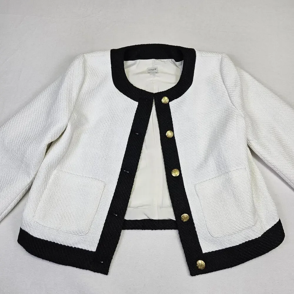J.Crew Tweed Lady Jacket Womens 12 Black White Preppy Blazer Gold Crested Button